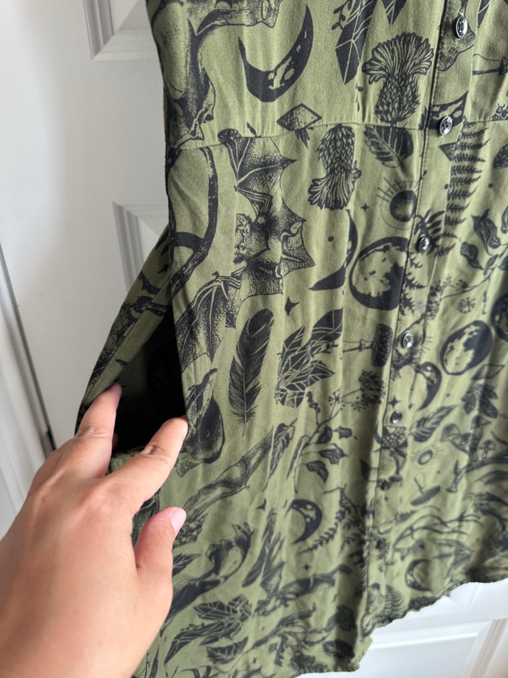 Crescent Moon Olive Green Button-Front Shirt Dress by Midnight Hour - Picture 7 of 9